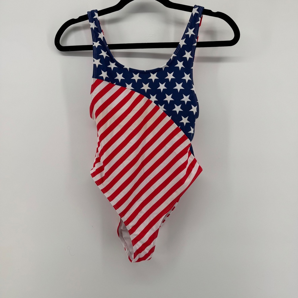 Sandy Beach One Piece Swimsuit Patriotic Americana Women Size M Red White Blue